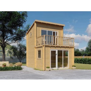 Hellbraunes Alpholz Gartenhaus Manhattan mit Pultdach, 400x500 cm, mit Balkon und Fenstern.