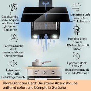 Schwarze Klarstein Dunstabzugshaube Clara 90 aus Glas und Edelstahl mit Ambiente-Licht.