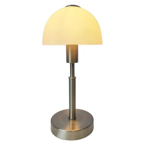 Dapo Glas-Nachttischlampe Maiolo Nickel E14 mit weißem Glasschirm.