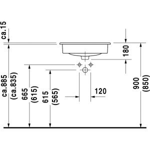 Technische Zeichnung Duravit Einbauwaschbecken D-Code, 54,5 cm, Maße und Details.