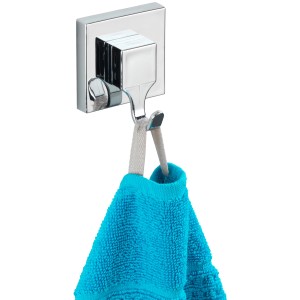 Wenko Vacuum-Loc Hakenset, 2 Chrom-Haken mit blauem Handtuch. Eckiges Design.