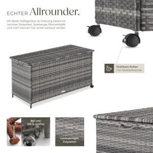 Tectake Auflagenbox Kuusamo, 253 L, Rattangeflecht, Rollen mit Bremse, 116x54x64 cm, grau.