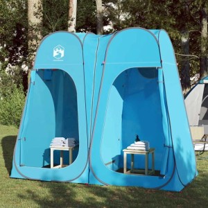 Blaues Pop-Up Sichtschutzzelt für Camping, als Umkleide oder Dusche im Freien. Wasserdichtes Polyesterzelt mit zwei Eingängen.
