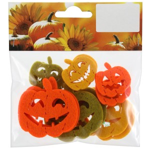 12-teiliges Kürbis-Set aus Filz in bunten Farben als Halloween Deko.