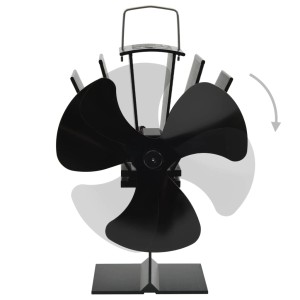 Schwarzer wärmebetriebener Ofenventilator mit 3 rotierenden Blättern aus Aluminium für Kamine & Öfen.
