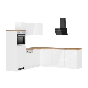 Weiße Held Winkelküche Gera 240 cm mit E-Geräten und Wotan Arbeitsplatte.