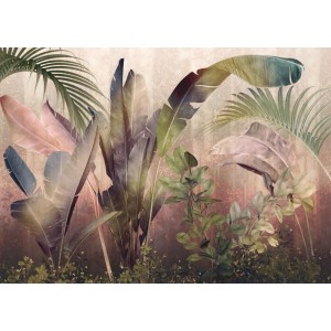 Fototapete Rainforest Mist: Dschungel-Motiv in Grün und Rosa, 350x250 cm. Natur für Ihr Zuhause.