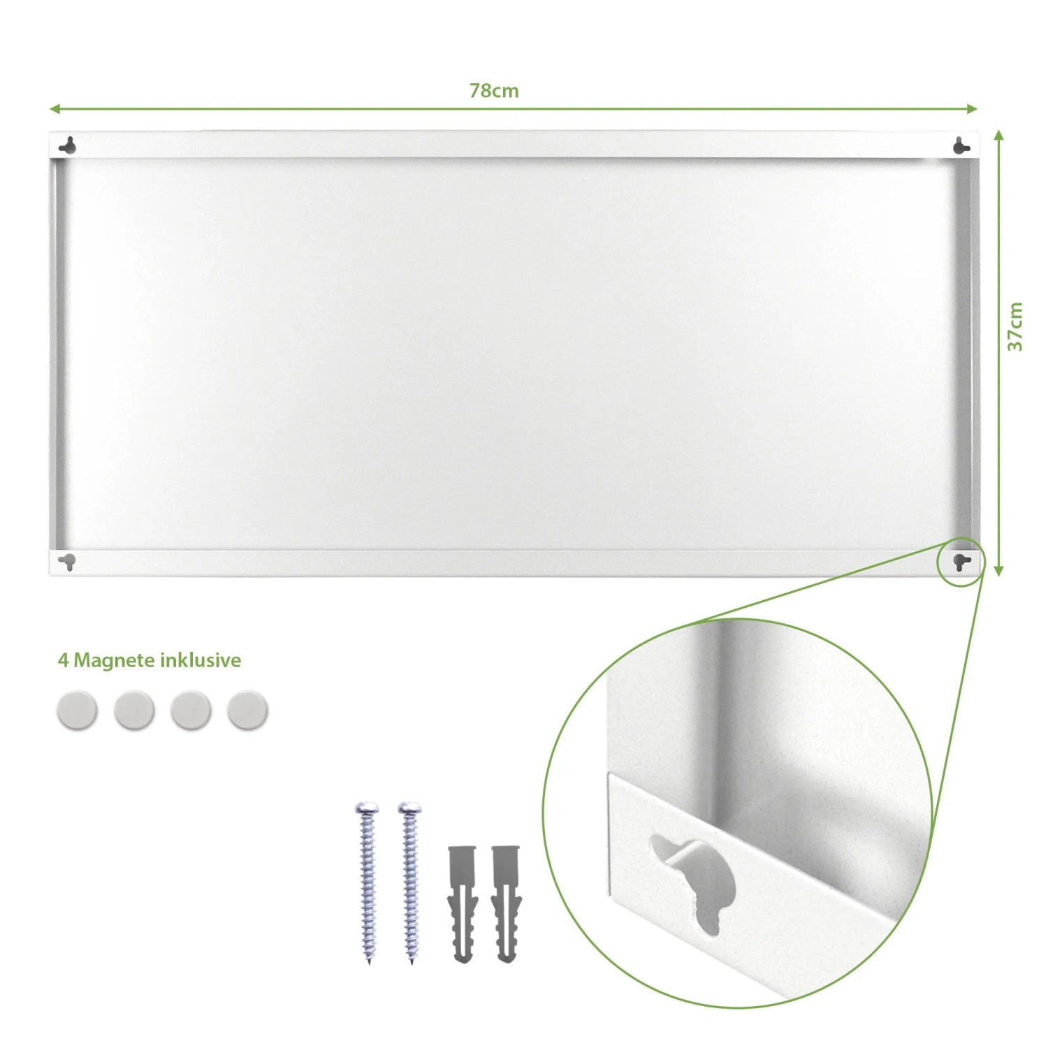 Weiße Banjado Magnettafel 78x37cm mit Montagematerial und 4 Magneten.