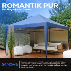 Blauer 24MOVE Pavillon 3x3m mit UV-Schutz im Garten, ausgestattet mit Sitzmöbeln.