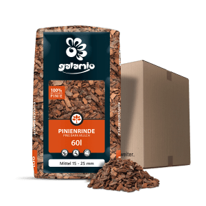 Galamio Pinienrinde Mittel, 60L Sack mit Pinienmulch und Karton im Hintergrund.