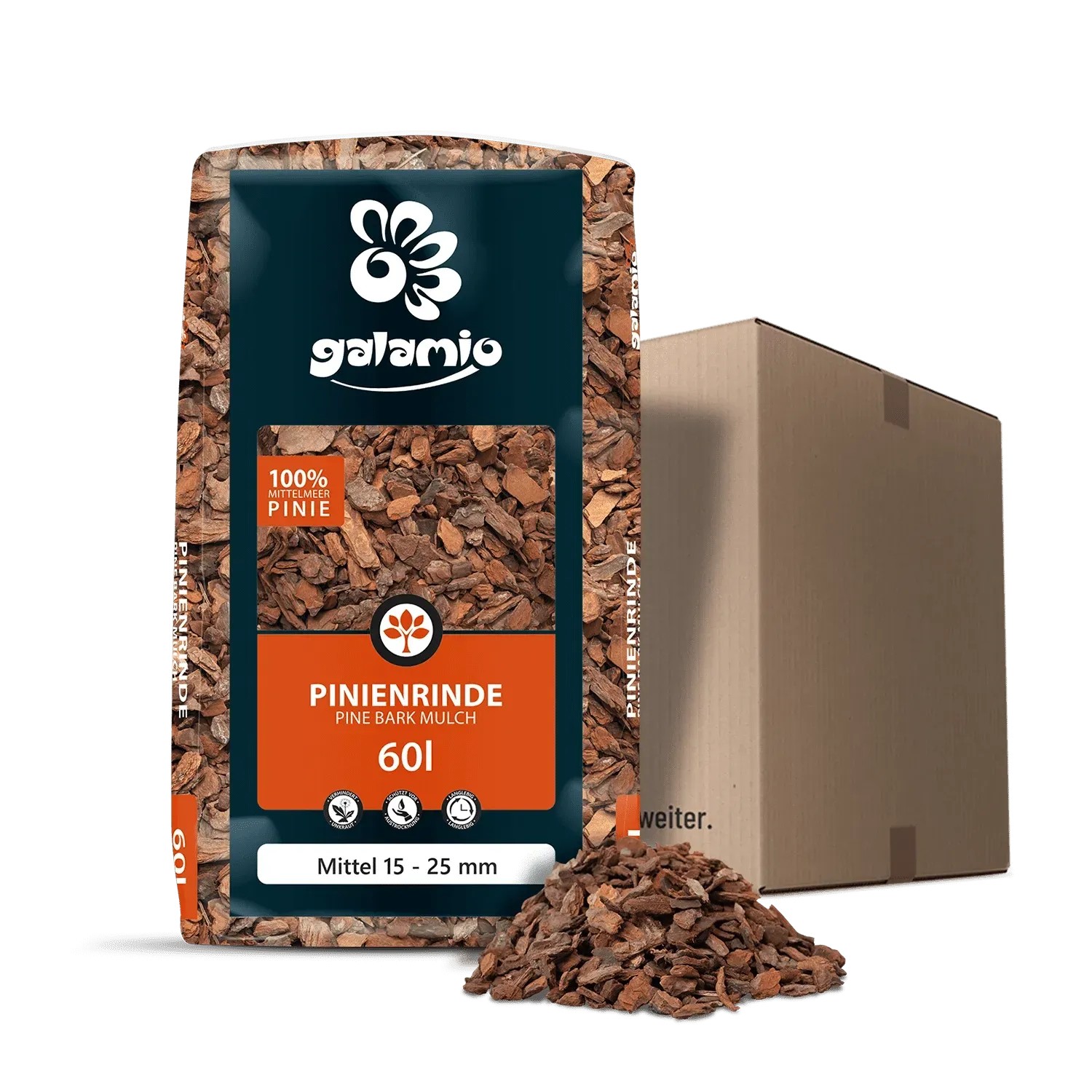 Galamio Pinienrinde Mittel, 60L Sack mit Pinienmulch und Karton im Hintergrund.