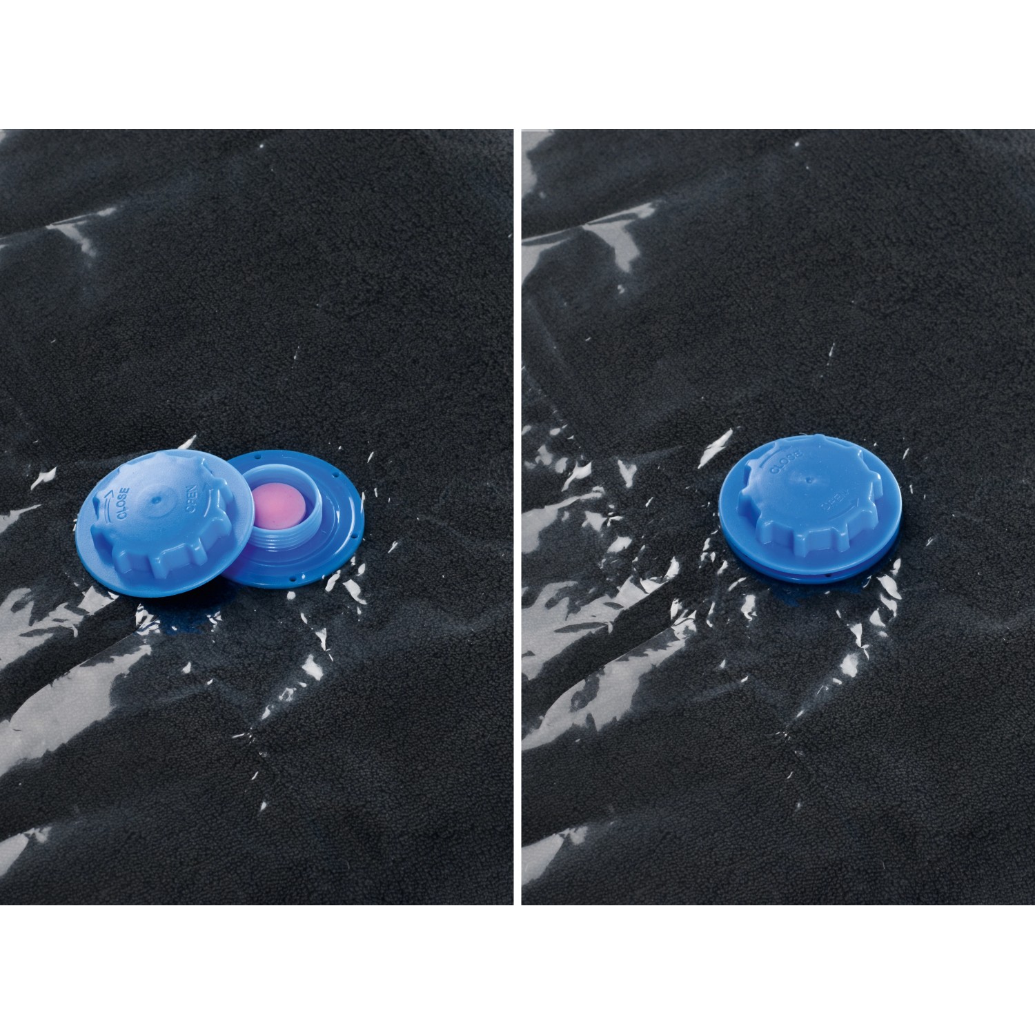 Vakuum-Kleiderbeutel 3er-Set mit blauem Ventil für platzsparende Aufbewahrung.