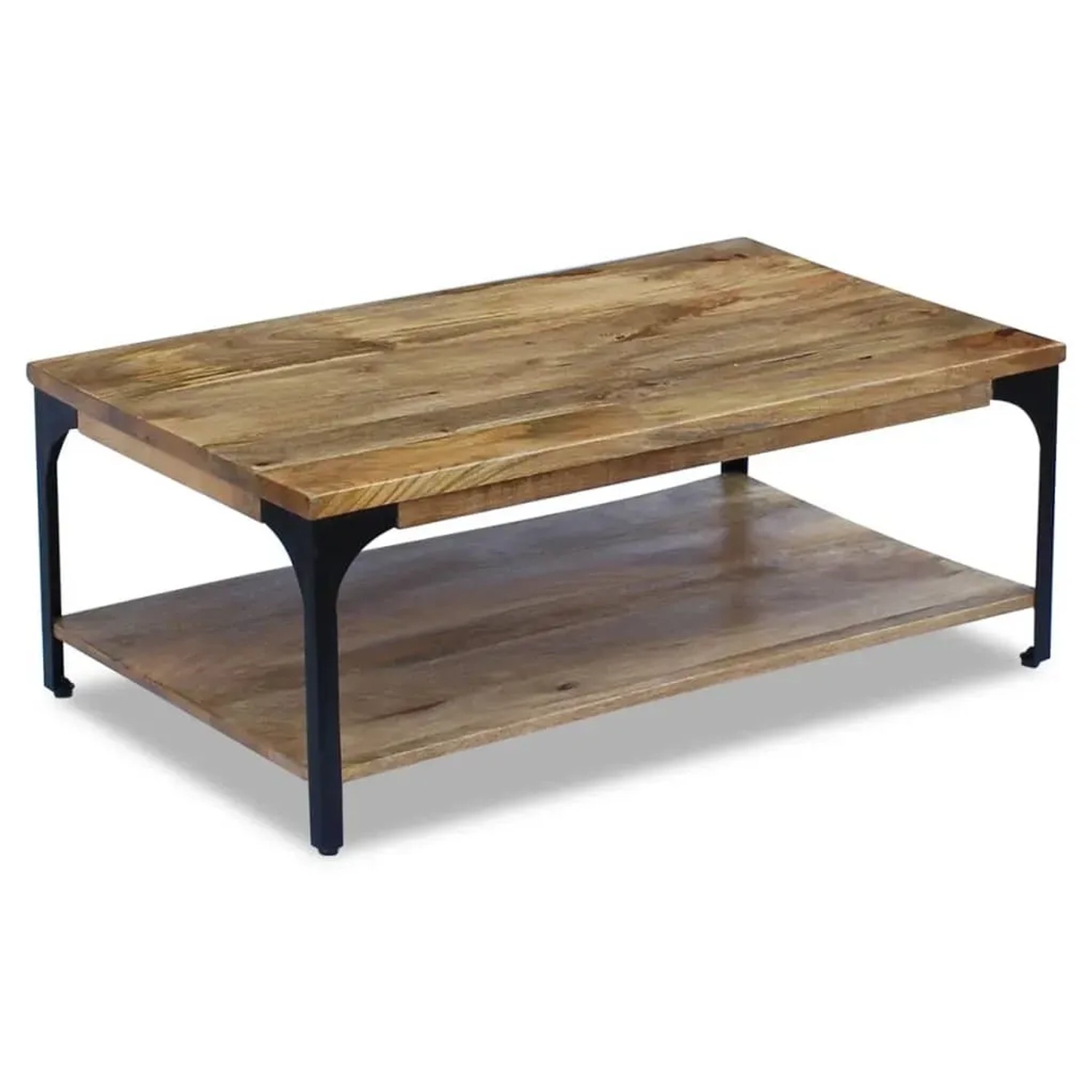 Couchtisch aus Mangoholz, 100x60 cm, mit Ablagefach. Wohnzimmertisch mit Stahlrahmen.