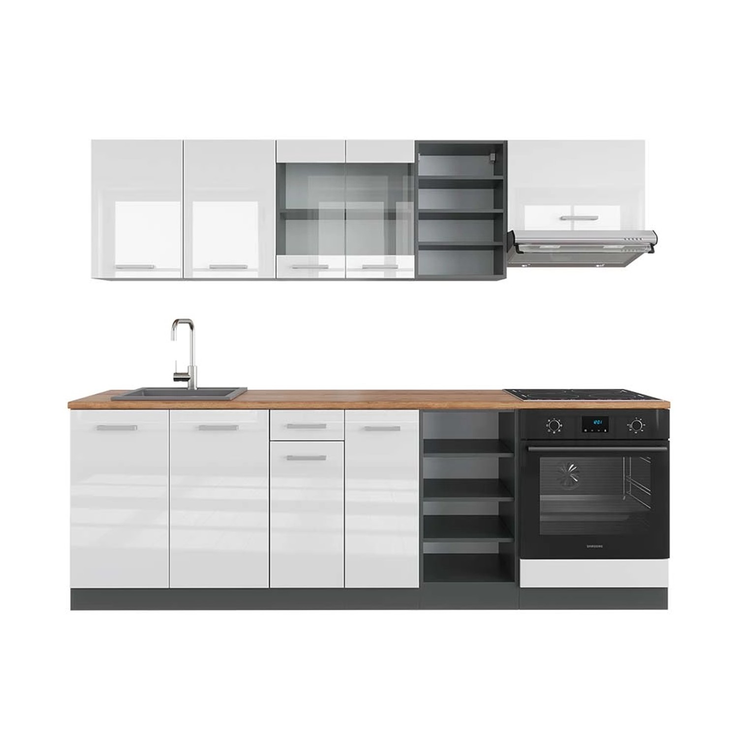 Vicco R-Line Küchenzeile Weiß Hochglanz/Anthrazit 240 cm AP Eiche günstig online kaufen