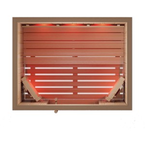 Eilo Infrarotkabine EL 431 aus Fichte, Innenansicht von oben mit Liege und Infrarotstrahler.