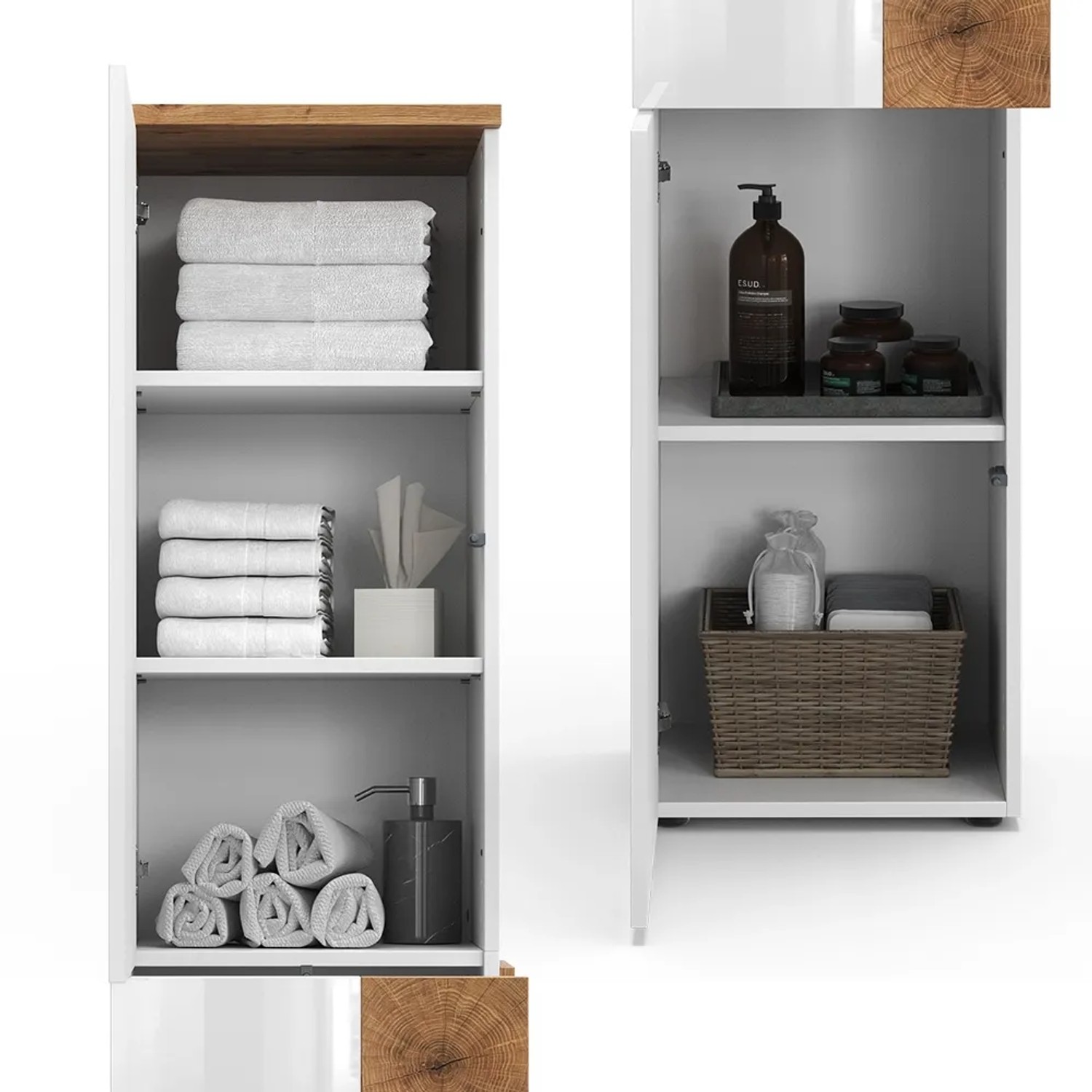 Vicco Badschrank Eden, weiß hochglanz/Artisan-Eiche, 40x184cm, mit zwei Türen und Schublade.