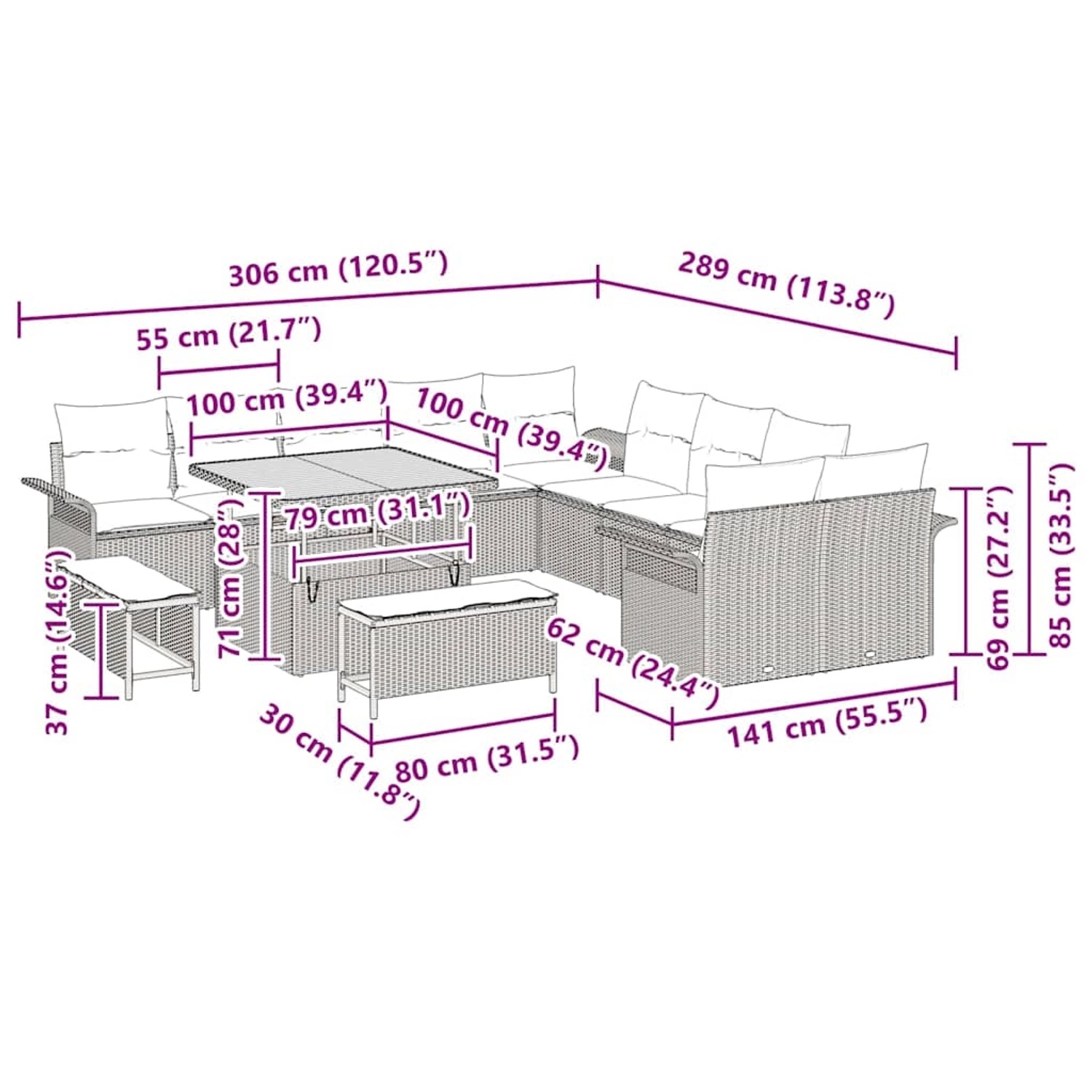 vidaXL Garten-Sofa-Set 13-tlg grau Poly Rattan mit Maßen für Garten, Terrasse. Möbel Set.
