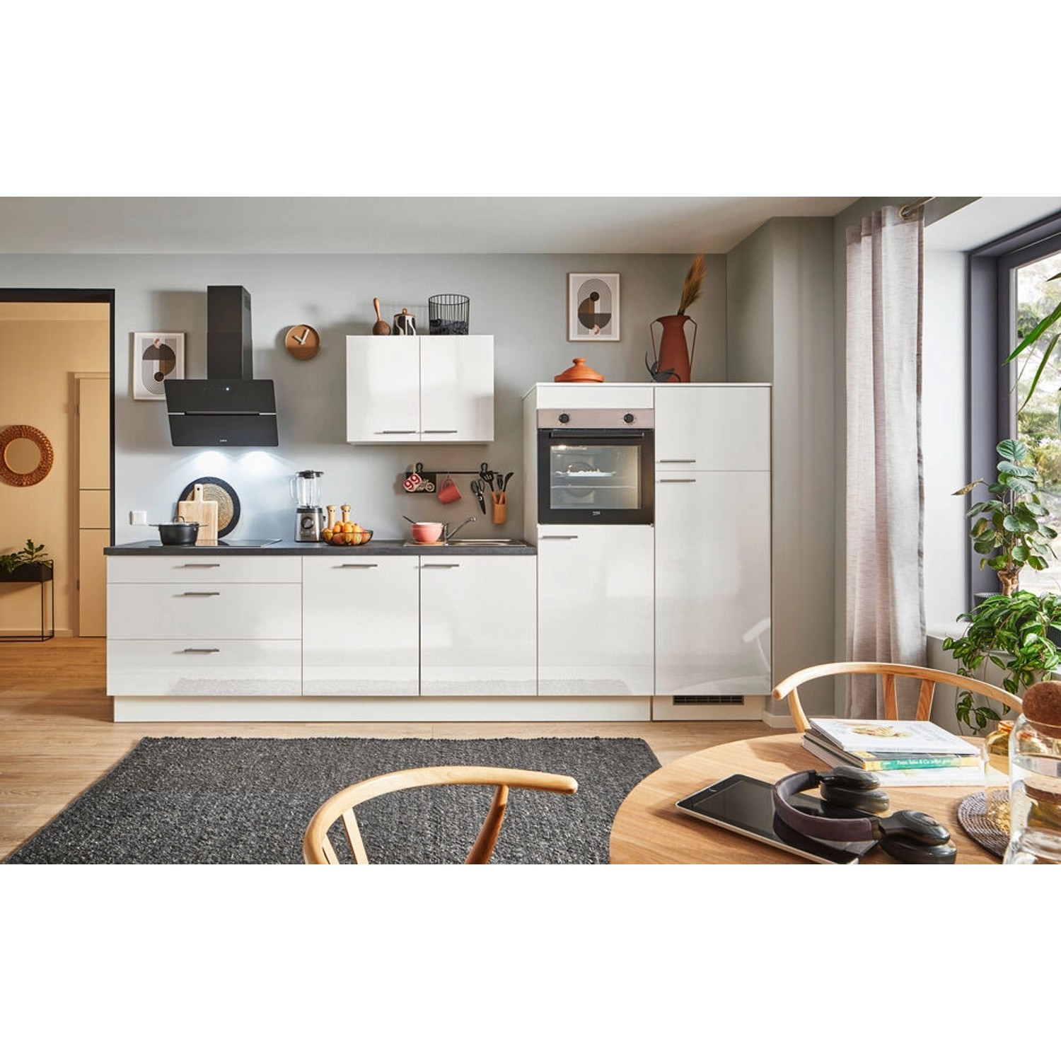 pino Küchenzeile 340 cm Weiß Hochglanz Anschlag rechts 2 Geräteschränke