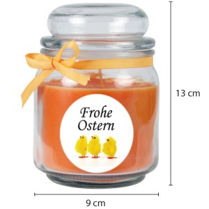 Duftkerze im Glas mit "Frohe Ostern" Motiv und Küken, Honigmelone Duft, Ø9cm.