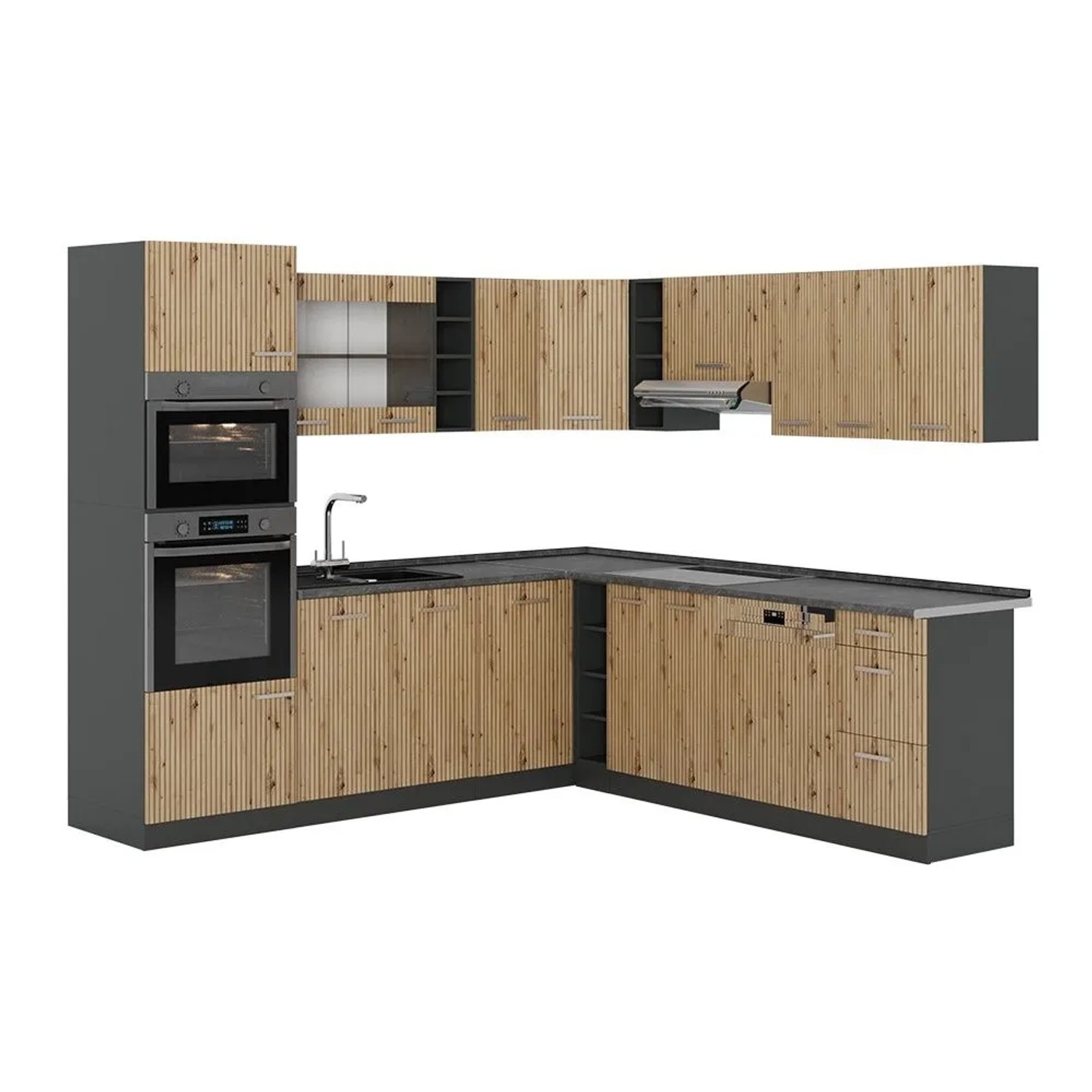Vicco Einbauküche R-Line Artisan-Eiche/Anthrazit 247 x 82 ohne Arbeitsplatte