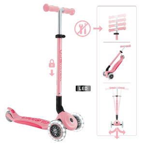Globber Elite Lights Tretroller Kinder 120/80 mm ABEC 9 3-Rädrig Verstellbar LED-Leuchtrollen Pastellrosa