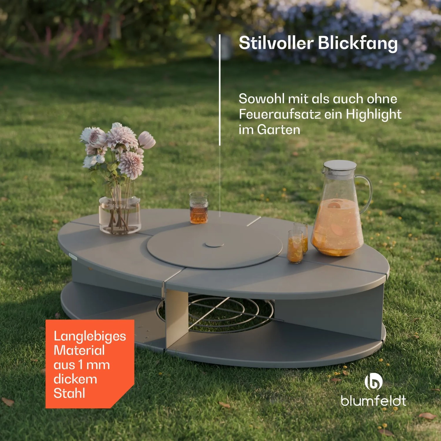Blumfeldt Ebeko Feuerschale mit Grillfunktion als Tisch, grau, mit Getränken und Deko auf Rasen.