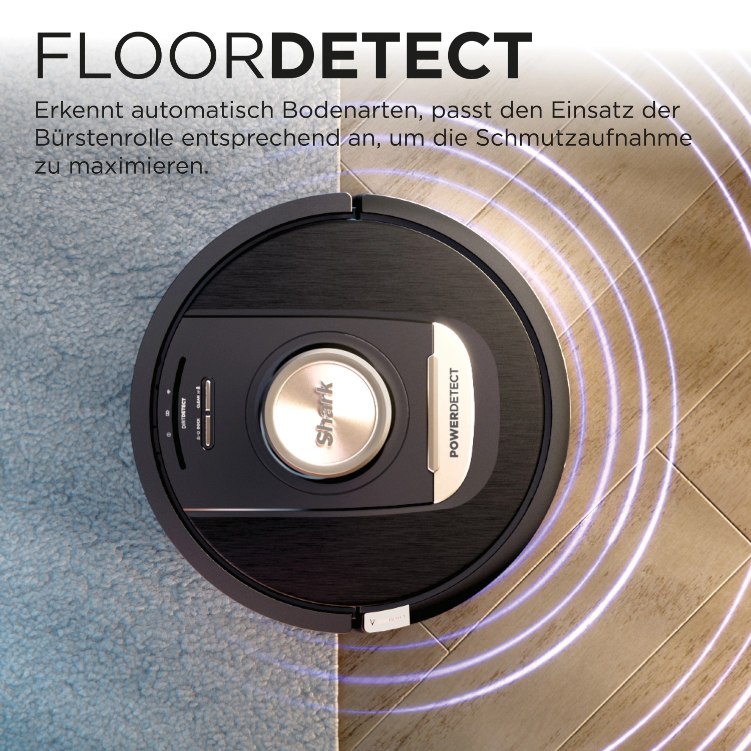 Shark Saugroboter RV2820VEEU mit Floor Detect auf Teppich und Holzboden.