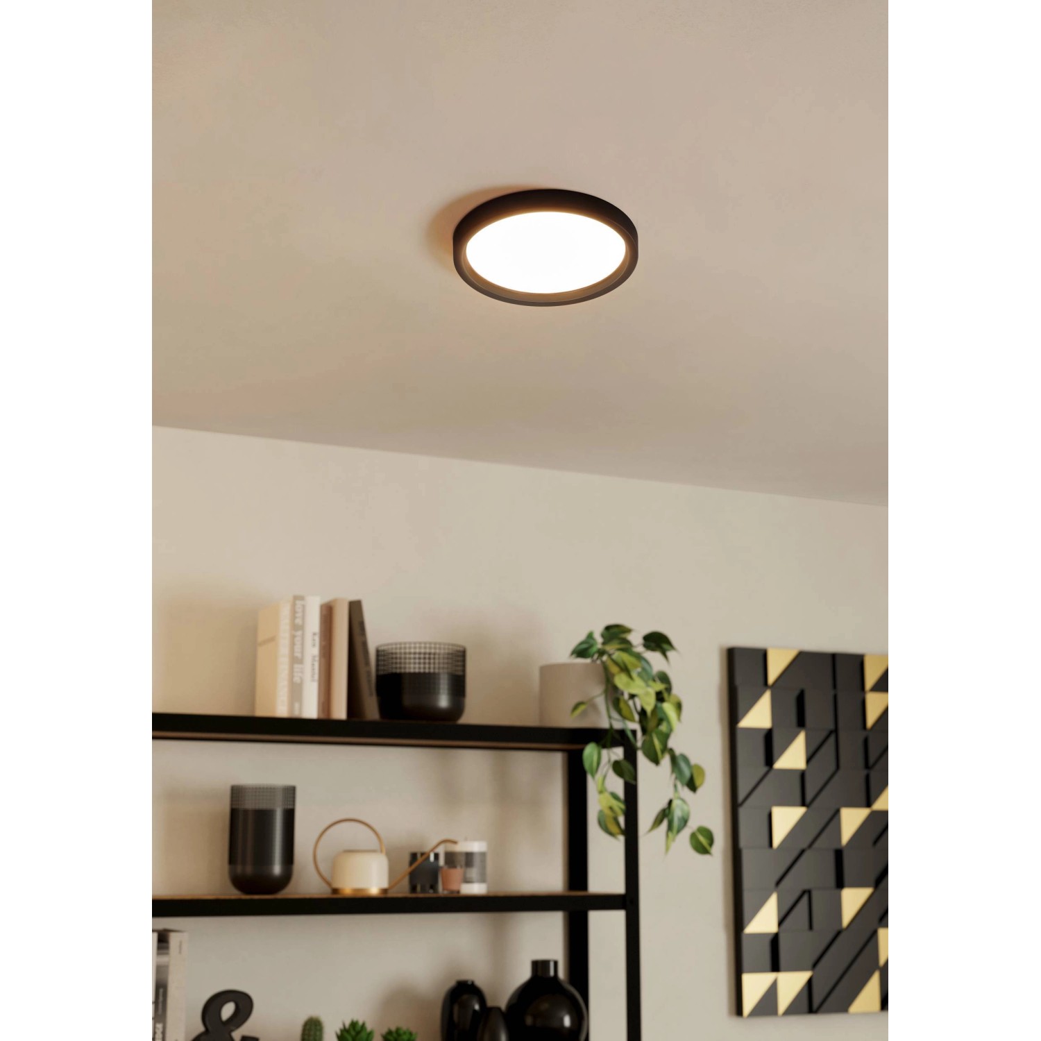 Schwarze LED-Deckenleuchte Idun-E von Eglo, 28,5 cm Durchmesser, warmweißes Licht.