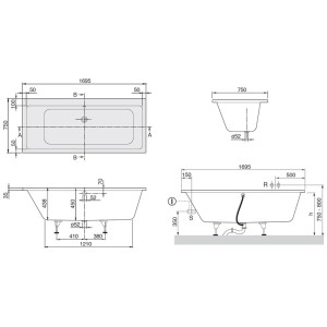 Technische Zeichnung: Villeroy & Boch Subway Duo Badewanne, 170x75 cm, Maße und Details.