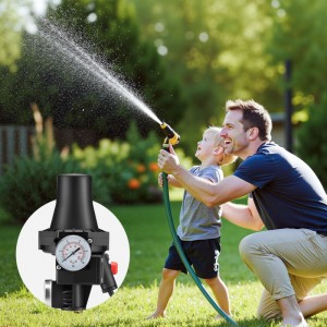 Wiltec Druckschalter SKD-3 für Pumpensteuerung im Hauswasserwerk, mit Vater und Sohn im Garten.