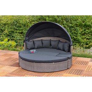 Graue Merxx Relaxinsel Riva Ø 180 cm mit Sonnendach und Kissen als Teil eines Gartenmöbel-Sets.