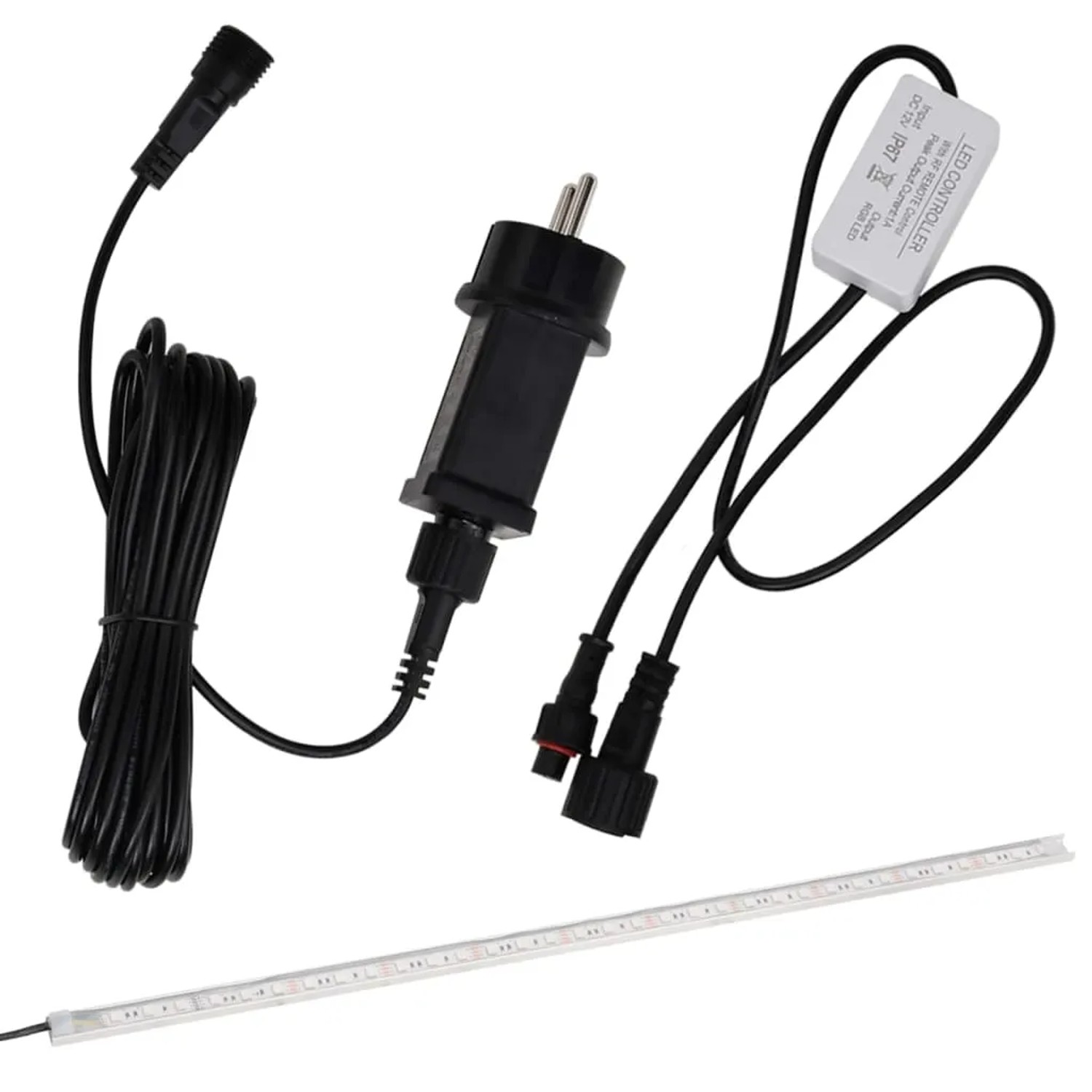 Zubehör für VidaXL Wasserfall-Element 30cm mit RGB LEDs: Netzteil, Kabel und LED-Leiste.