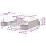 Beiges 10-teiliges Garten-Sofa-Set aus Poly Rattan mit Tisch und Kissen, Maße eingezeichnet.