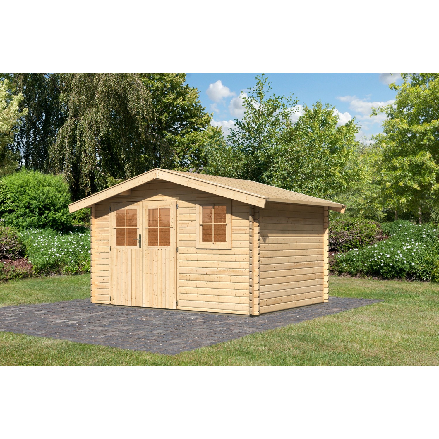 Karibu Holz-Gartenhaus Arosa Natur Satteldach Unbehandelt 342 cm x 252 cm günstig online kaufen