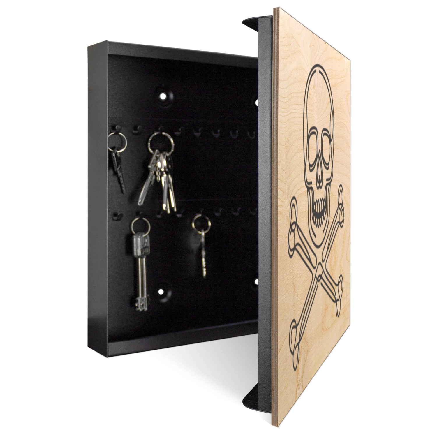 Offener Banjado Schlüsselkasten aus Holz, 30x30cm, mit Totenkopf-Motiv und 50 Haken.