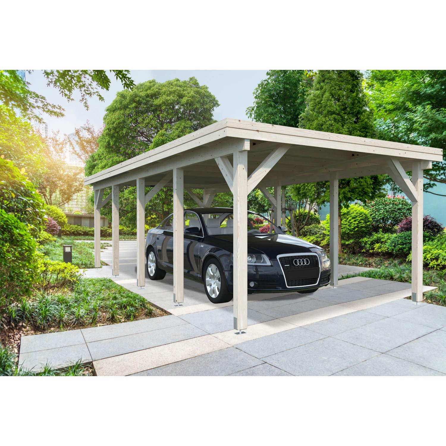 Grau tauchgrundierter Palmako Einzelcarport Karl mit Auto im Garten.