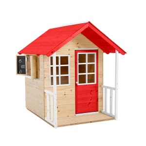 Zwerkules Spielhaus Lolla, rotes Holzdach, Veranda. FSC®-zertifiziertes Kinderspielhaus.