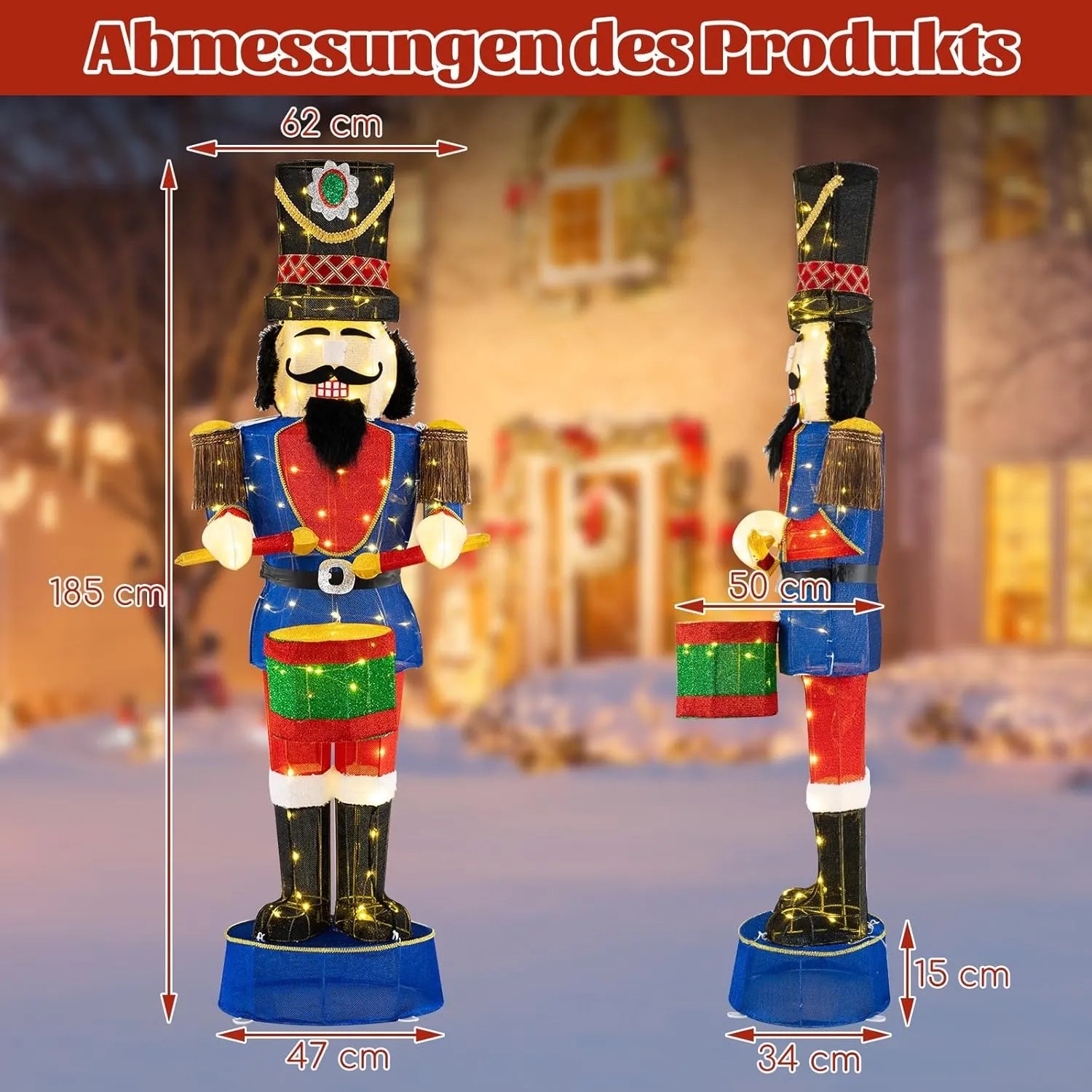 Große 185 cm Weihnachts-Nussknacker Figur Soldat mit bunter Uniform, Trommel und leuchtenden LEDs.