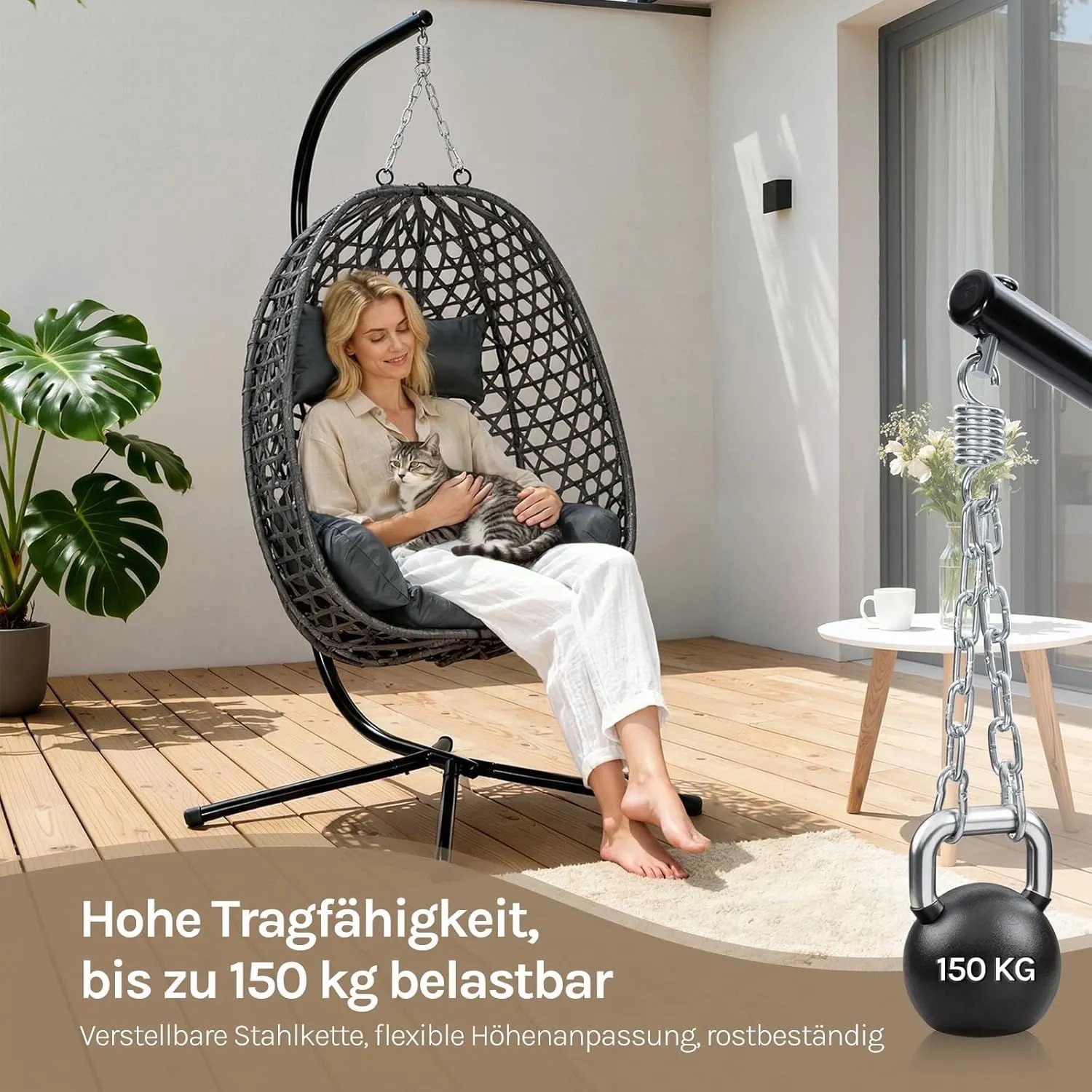 Grauer WOLTU Hängesessel aus PE-Rattan mit Kissen, Kopfstütze, Metallgestell, 150kg, für Garten & Balkon.