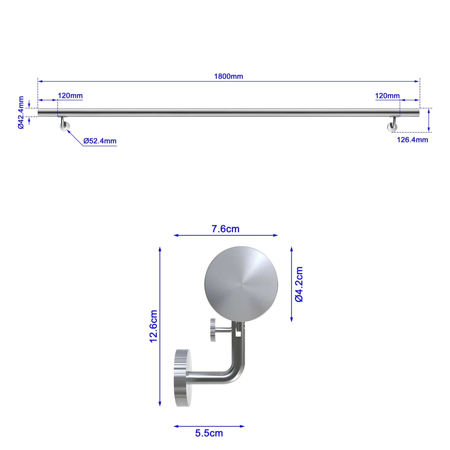 Gebürsteter Edelstahl Handlauf 180 cm, Komplettset mit Halterungen. Technische Zeichnung mit Maßen.