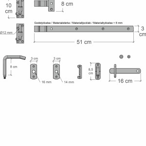 Detailzeichnung Torbeschläge für Weidezaun-Tor, Maße und Montageelemente.