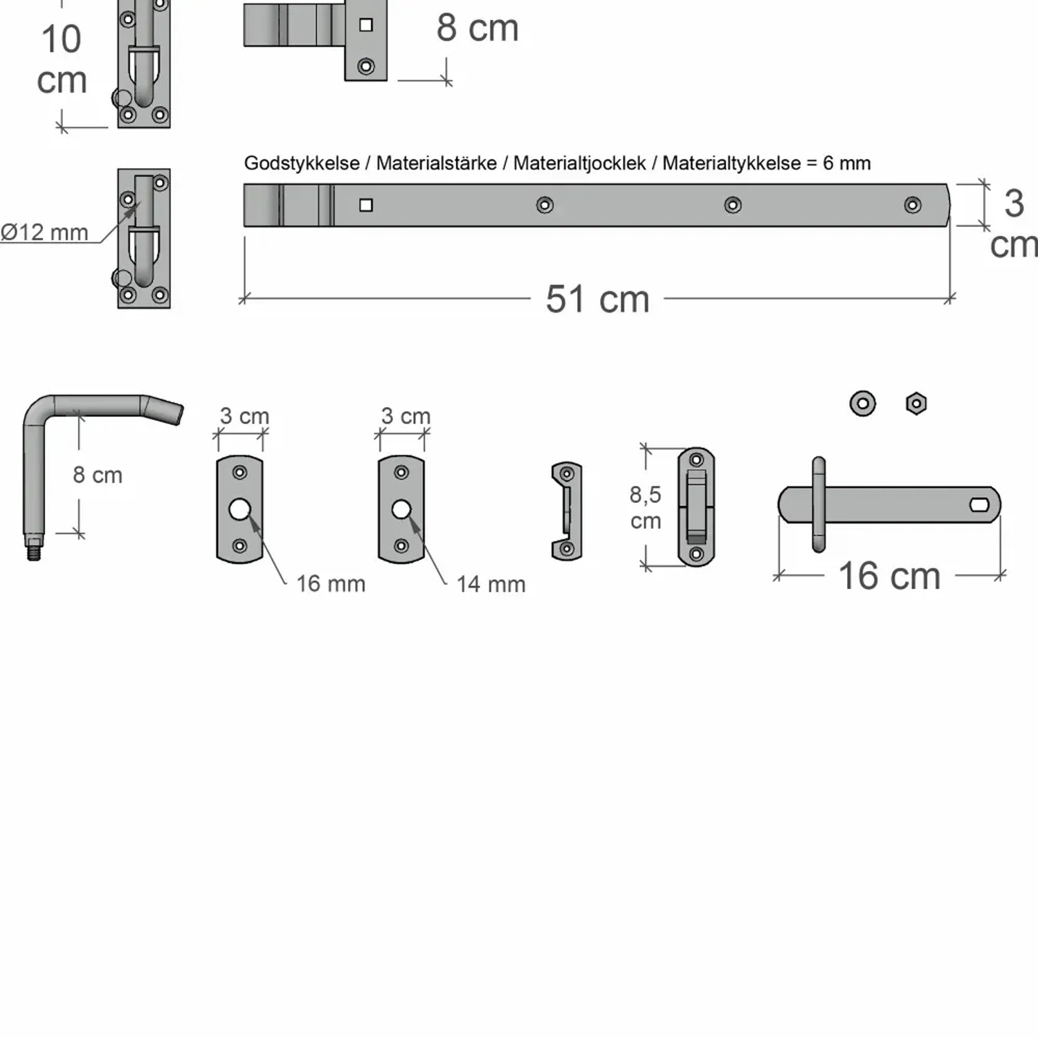 Detailzeichnung Torbeschläge für Weidezaun-Tor, Maße und Montageelemente.
