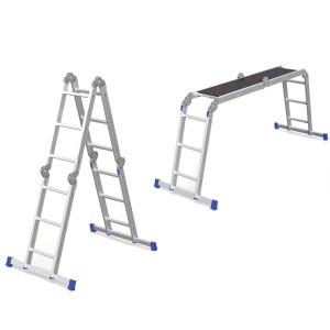 Werner Vielzweckleiter, vierteilig, mit Plattform, als Anlegeleiter und Arbeitsplattform dargestellt.