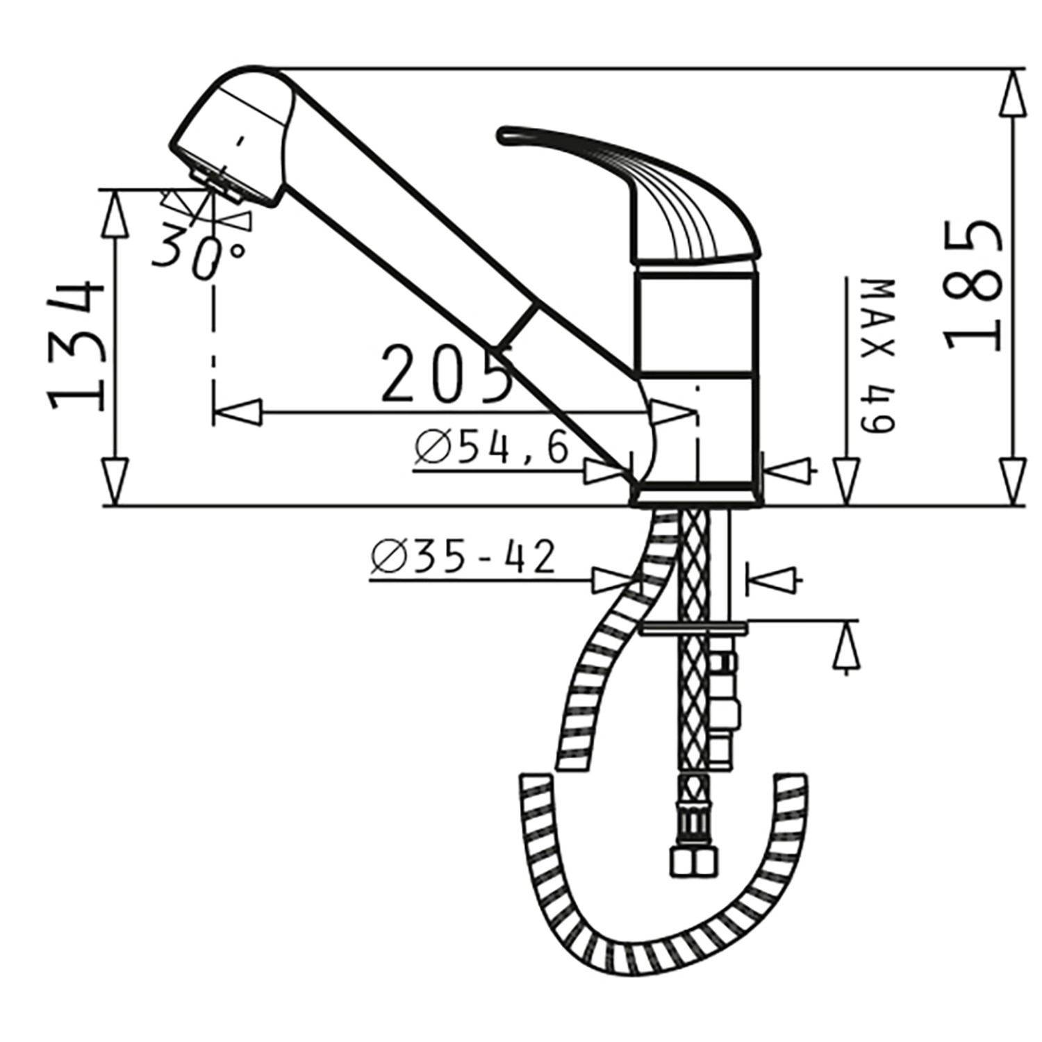 Technische Zeichnung: Pyramis Einhebelmischer Festivo chrom mit Maßen.
