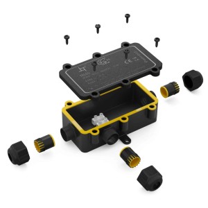 Explodierte Ansicht der hb-digital IP68 Abzweigdose, 3 Wege, schwarz-gelb, mit Deckel, Schrauben und Kabelverschraubungen für Elektroinstallation.