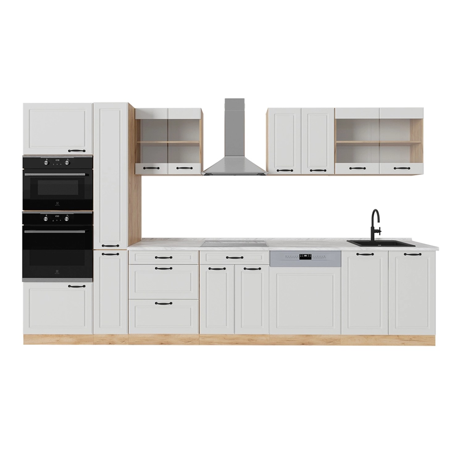 Vicco R-Line Küchenzeile Weiß Landhaus/Goldkraft Eiche 350 cm AP Marmor günstig online kaufen