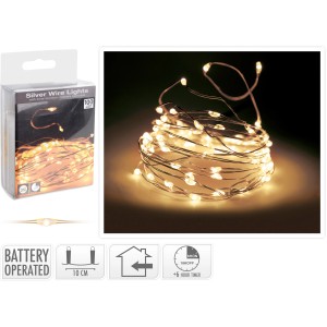 LED Lichterkette mit 100 warmweißen LEDs auf Silberdraht, batteriebetrieben für den Innenbereich.