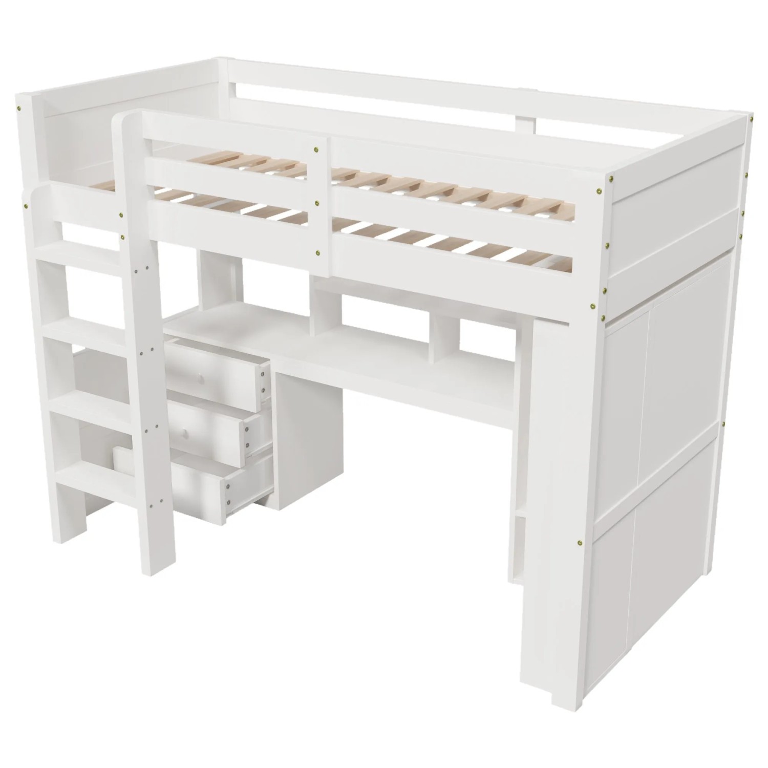 okwish Hochbett 90x200cm mit Kleiderschrank LED und Schubladen Weiß ohne Matratze