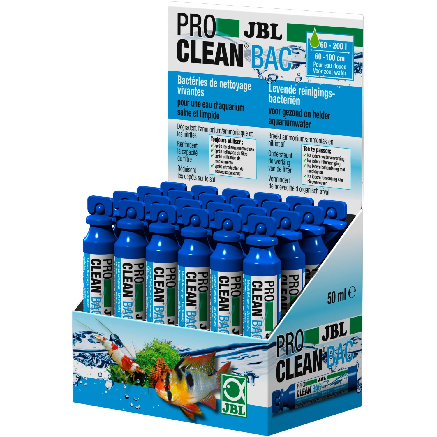 JBL ProClean Bac Reinigungsbakterien, 50ml Flaschen im Display für sauberes Aquariumwasser.