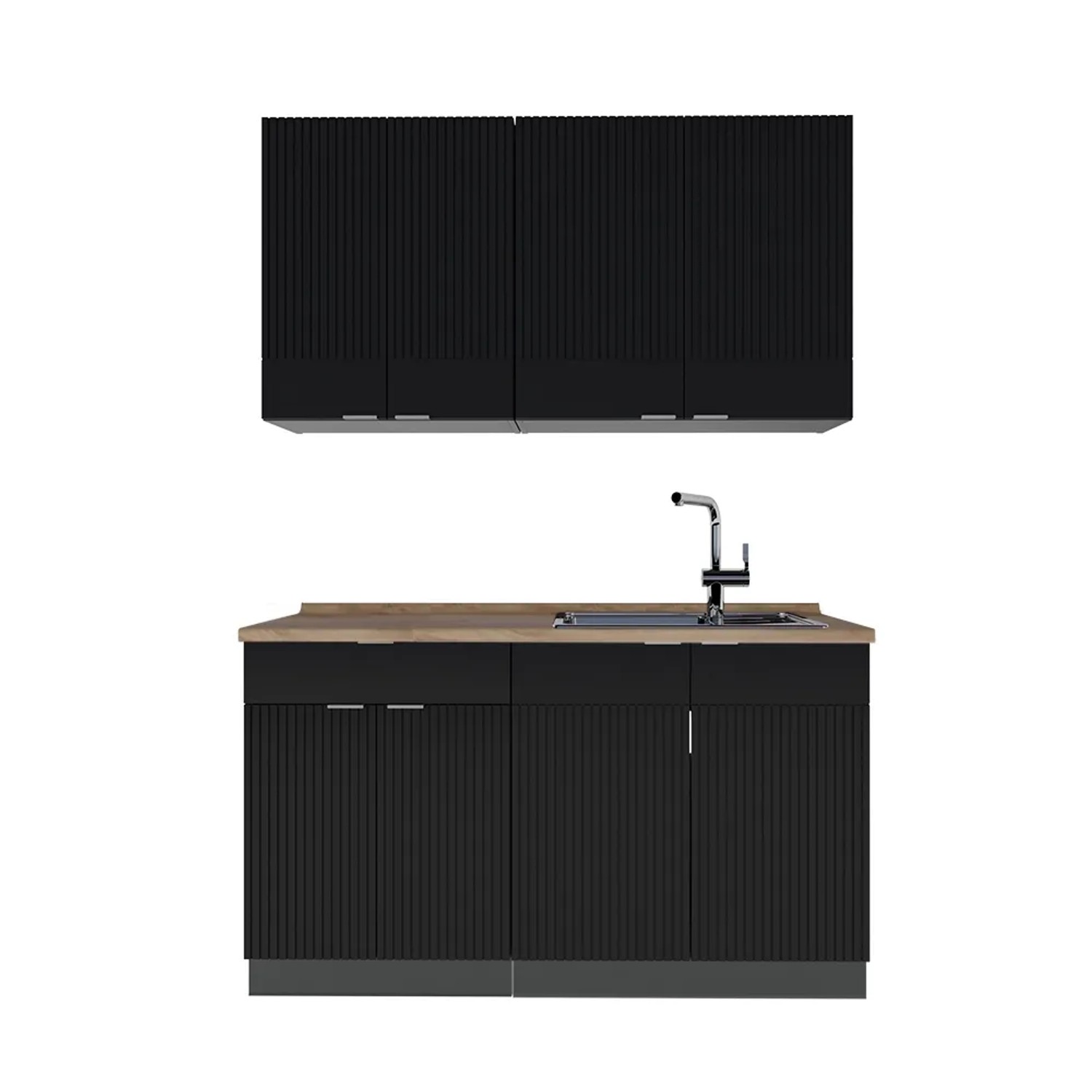 Vicco Fame-Line Singleküche Schwarz gestreift/Anthrazit 140 cm AP Eiche ohne E-Geräte